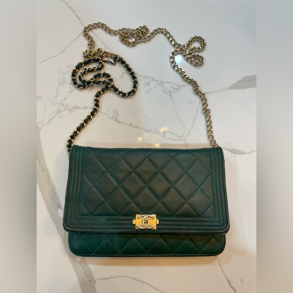 Chanel green clutch with strap